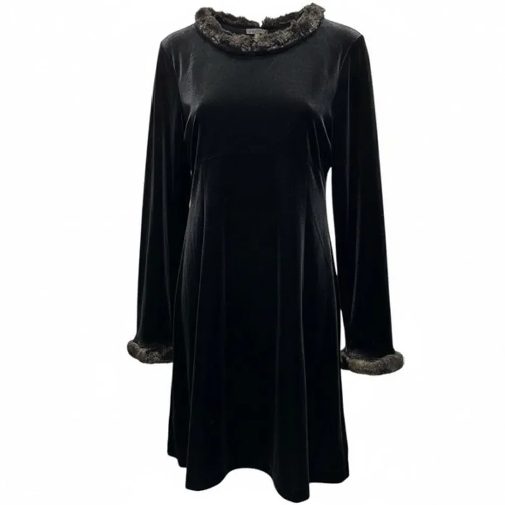 EUC The Children's Place Girls Black Faux Fur Trim Long Sleeve Dress - Size 6/7